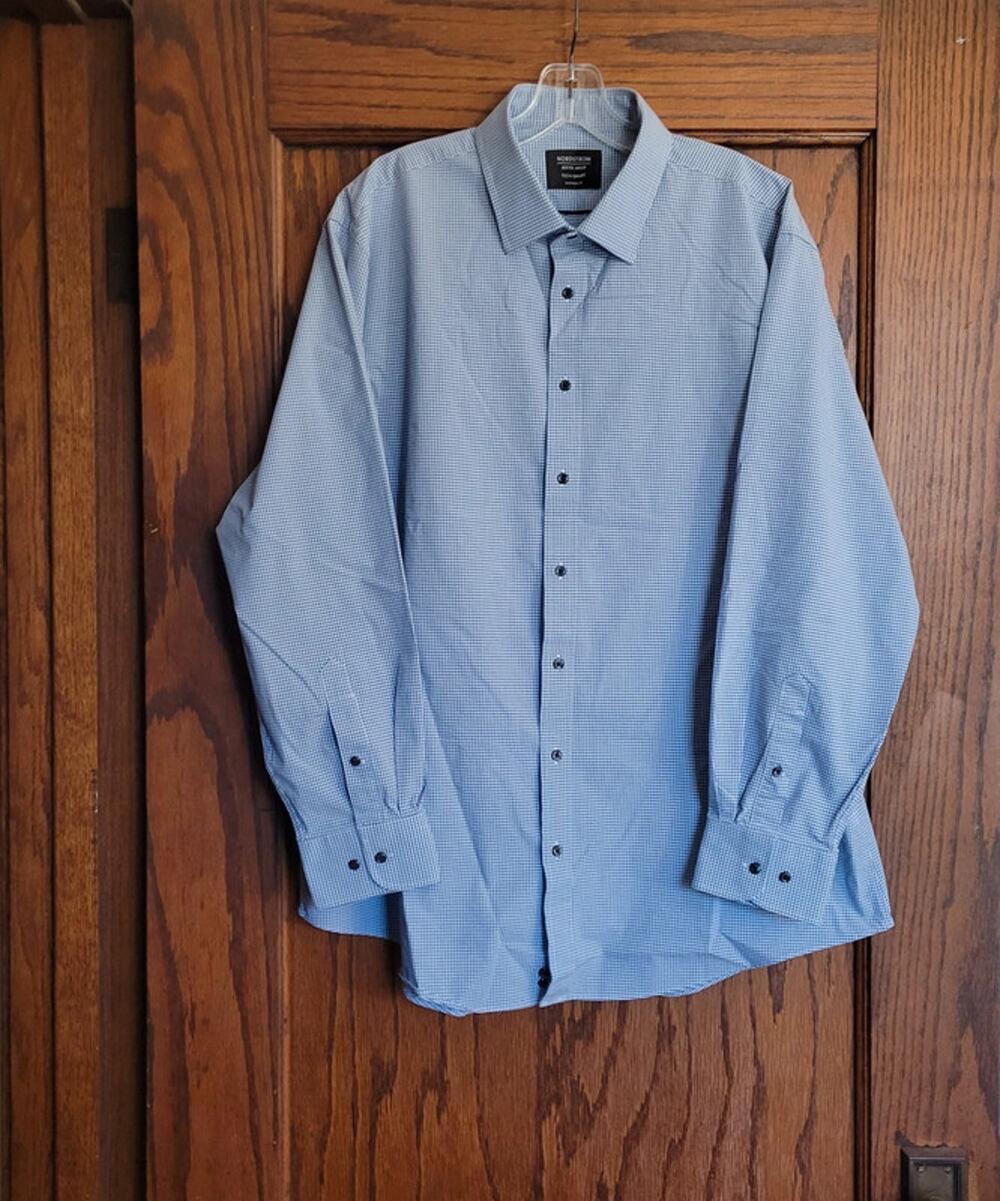 NORDSTROM Dress Shirt Mens Tech Smart 17 Traditional Fit Blue 34 35 Checkered